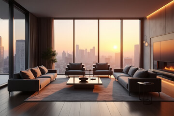 Zoom background a modern penthouse luxury living room with large windows view interior design at sunset with fire place, AI