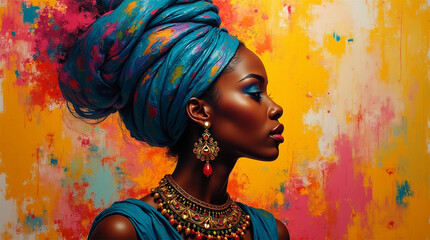Fototapeta na wymiar beautiful Abstract painting concept. Colorful art portrait of a black afro woman with a modern turban. African culture. Generative AI.