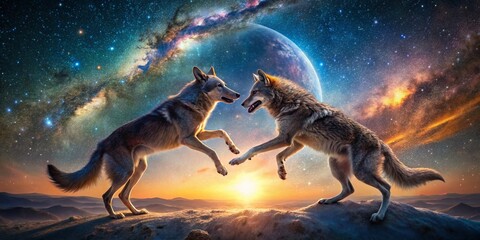 Fototapeta premium Dramatic Panoramic Scene of Two Wolves Engaged in a Fierce Battle Under a Stunning Globe Sky with Planetary Background, Capturing the Essence of Nature's Wild Fury