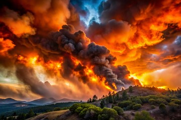 Dramatic Portrait Photography of Wildfire Raging in Hills with Fiery Skies and Smoke Clouds Capturing the Intensity of Nature's Fury and the Beauty of Destruction in HD Quality