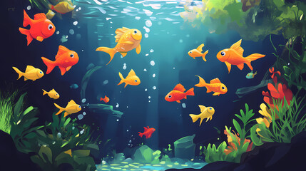 Fototapeta premium Colorful aquarium. Golden Fish Pond. Illustration