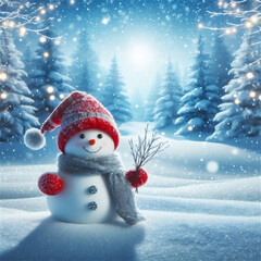Fototapeta premium 빨간모자 쓴 눈사람,A snowman with a red hat
