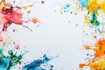 Fototapeta premium Colorful splashes of paint creating a vibrant frame around a blank white space, perfect for artistic and creative themes.