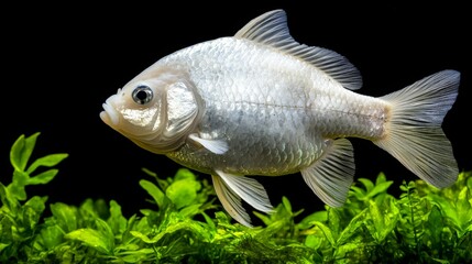 White fish swimming in an aquarium with green plants, isolated on black background.
