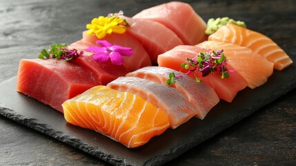 A Colorful Array of Fresh Sushi Slices with Vibrant Garnishes and Edible Flowers on a Dark Slate Platter, Showcasing Culinary Artistry and Fresh Ingredients
