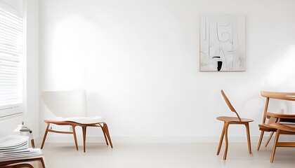 Fototapeta premium minimalist living room white walls wooden furniture abstract art on the wall