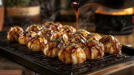 Deliciously Grilled Savory Dumplings with Glaze Being Drizzled Over Them, Capturing an Irresistible Culinary Experience in a Cozy Setting
