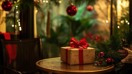 Christmas Gift on Table with Festive Decorations