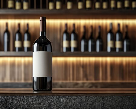 Alice Hlong mockup visual preview Elegant wine bottle with blank label Elegant wine bottle in a modern bar setting.