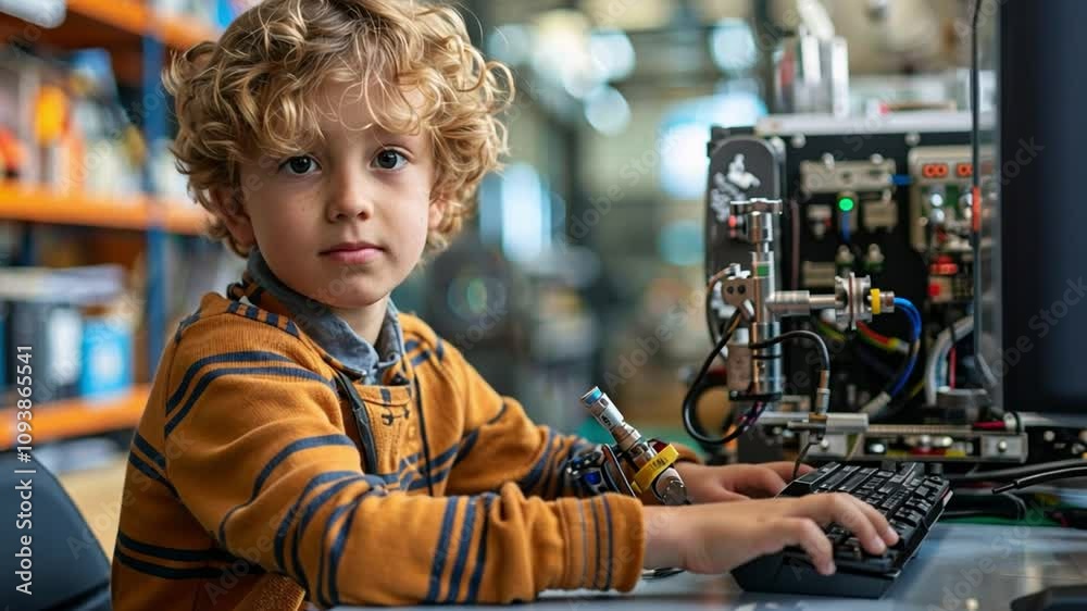 Poster A young boy, seated at a desk, focuses intently on programming a robotic device. The tech lab is filled with various equipment and tools, showcasing a creative environment.