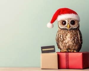 Obraz premium Holidaythemed owl doll wearing a Santa hat, perched on a gift pile with a credit card in its wing