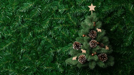 Miniature Christmas tree decorated with pine cones and wooden stars on a green background.