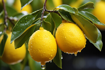 Ripe lemons hang on a tree. Growing Lemon.. 