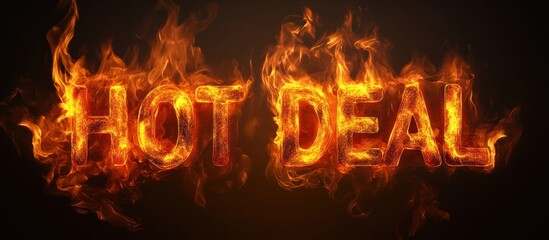 "HOT DEAL" in fiery molten letters, glowing orange, intense heat effect, dark background 