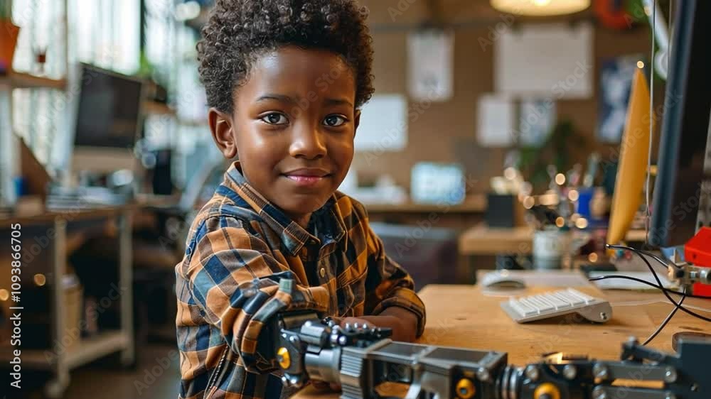 Aufkleber a young boy with curly hair is focused on his robotics project in a workshop. sunlight streams in as