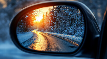 Fototapeta premium Sunlight reflects off a snowy winter road captured through a car window creating a serene and peaceful atmosphere symbolizing clarity hope and the journey forward in a cold season