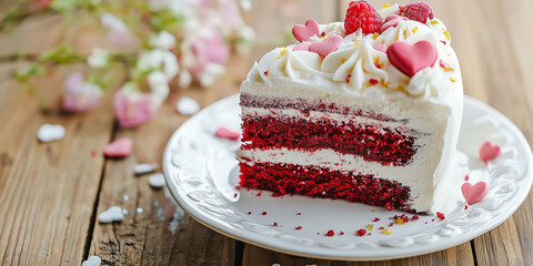 Naklejka premium Slice of red velvet cake decorated with white cream and hearts