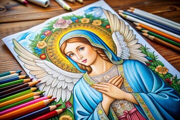 Fototapeta premium Elegant Adult Coloring Book Featuring Holy Virgin, Dove, and Angel Wings Design for Relaxation and Creativity