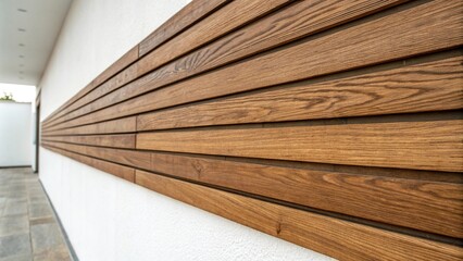 Close-up of brown wood strips on a white wall highlighting the natural texture, close up wooden strip, interior design style