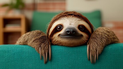 A cute sloth peering over a teal couch in a living room.
