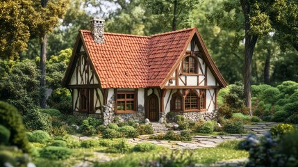 Fototapeta premium Charming Tudor-style house with a red roof surrounded by vibrant greenery and lush landscaping