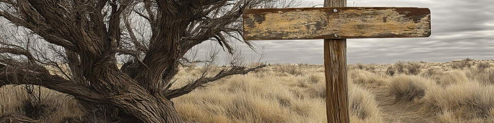 A worn and faded old western-style signpost, leaning against a barren tree.