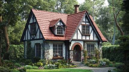 Rustic Tudor-style house with red roof and wooden beams surrounded by lush greenery in a serene setting