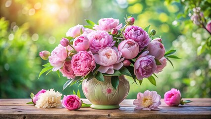 Obraz premium Elegant Bouquet of Peonies in Soft Pastel Tones, Perfect for Floral Arrangements, Wedding Decor, and Special Occasions, Captured in Natural Light for a Fresh and Romantic Look