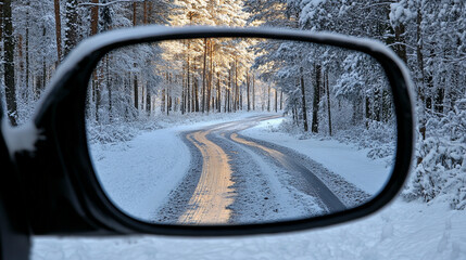 Sunlight reflects off a snowy winter road captured through a car window creating a serene and peaceful atmosphere symbolizing clarity hope and the journey forward in a cold season
