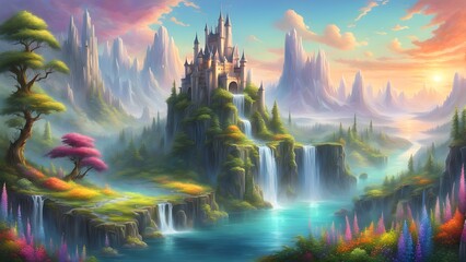 Majestic castle perched atop a cliff overlooking a serene valley with waterfalls and vibrant flora at sunset.