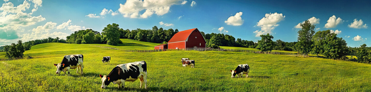 A dairy farm, with cows grazing in green pastures and a red barn in the background.