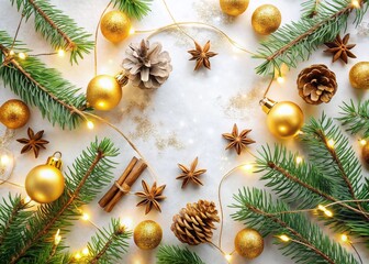 Elegant Christmas Composition with Gold Decorations, Fir Tree Branches, Cones, Cinnamon Sticks, Snowflakes, and Light Garland on a White Background Flat Lay for Holiday Celebrations