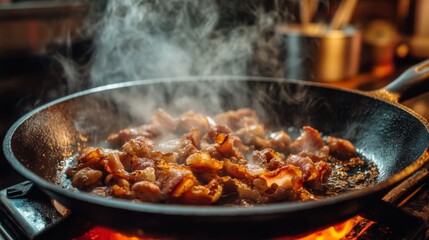 Sizzling Crispy Bacon in Frying Pan with Steam Rising, Close-Up View of Cooking Process on a Gas Stove with Warm Lighting and Flavorful Aroma