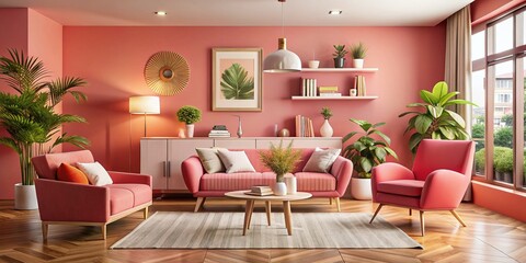 Elegant Coral Pink Living Room Interior Design Featuring a Stylish Armchair and Contemporary Sideboard, Perfect for Modern Home Aesthetics and Cozy Atmosphere