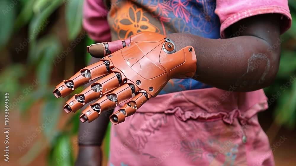 Aufkleber a young child shows off a functional prosthetic hand, highlighting the integration of technology and