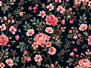 Elegant Floral Pattern Featuring Delicate Pink Flowers on a Rich Black Background, Perfect for Fashion Textiles and Stylish Decor Applications in Modern Design
