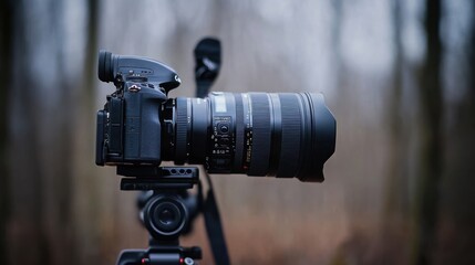 Professional DSLR Camera on Tripod in a Forest