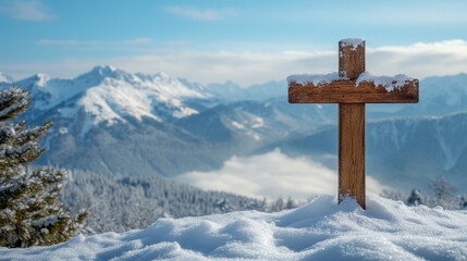 wooden cross stands tall against a blurred snow-covered background symbolizing faith solitude and resilience amidst harsh conditions the simplicity of the scene evokes contemplation and peace