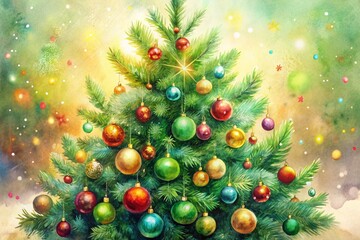 Elegant Green Watercolor Christmas Tree Decorated with Baubles for Festive Celebrations in a Cozy Holiday Setting