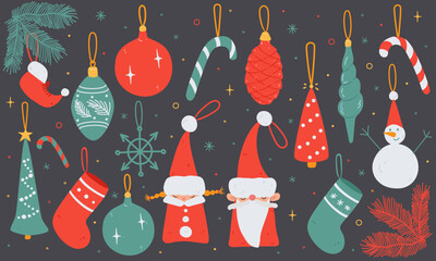Set of Christmas tree ornaments on dark background. Winter vector illustration with Christmas tree balls, fir elements, candy cane, snowman, elves, snowflakes.  New Year, Christmas festive objects