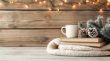 Small reading nook with a simple garland, a warm knit blanket, and a stack of Christmas books