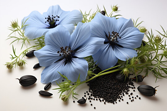 Black cumin seeds with nigella sativa flower on white  Generative AI