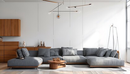 modern living room with gray sofa and wooden furniture