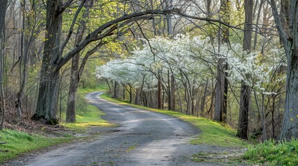 Fototapeta premium A winding country path lined with blossoming trees and new green leaves, inviting a leisurely stroll.