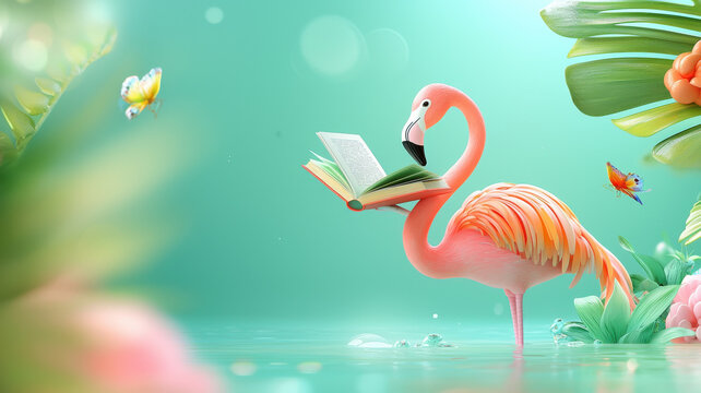 flamingo stands in shallow pond, reading book amidst vibrant tropical foliage and butterflies, creating whimsical and serene scene