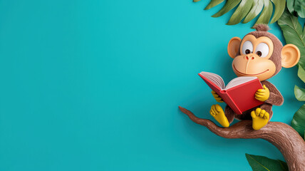 Naklejka premium playful monkey holding open book while sitting on tree branch against vibrant turquoise background, surrounded by lush green leaves, creating cheerful and whimsical scene