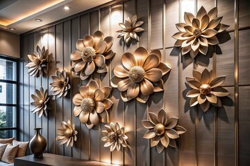 Elegant Metallic Flower Wall Art Arrangement in a Modern Architectural Setting with Soft Lighting and Minimalist Design, Perfect for Contemporary Home Decor and Interior Spaces