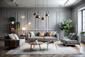 Elegant Minimalist Lounge in Soft Gray Tones Featuring Chic Furniture and Subtle Textures for Fashion Photography Inspiration