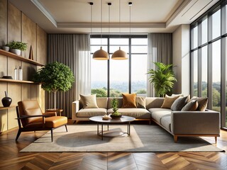 Elegant Minimalist Luxury Interior Design with Open Space and Natural Light, Featuring Modern Furniture and Stylish Decor in a Contemporary Living Room Setting