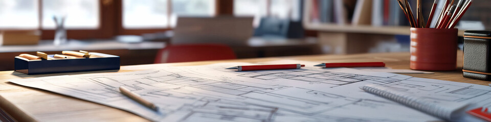 Red, White, and Blueprint: Architect's desk covered in USA-themed design plans.